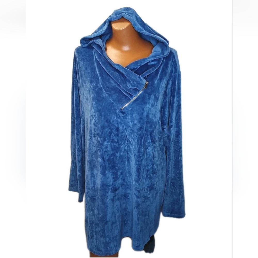 Soft Surroundings Velour Tunic Sweatshirt Woman Plus 2X Blue Hoodie Gold Zipper